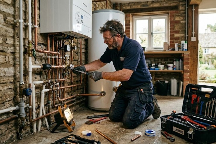 Plumber working on Gemini 1 project, showcasing tools and equipment in a professional workspace setting