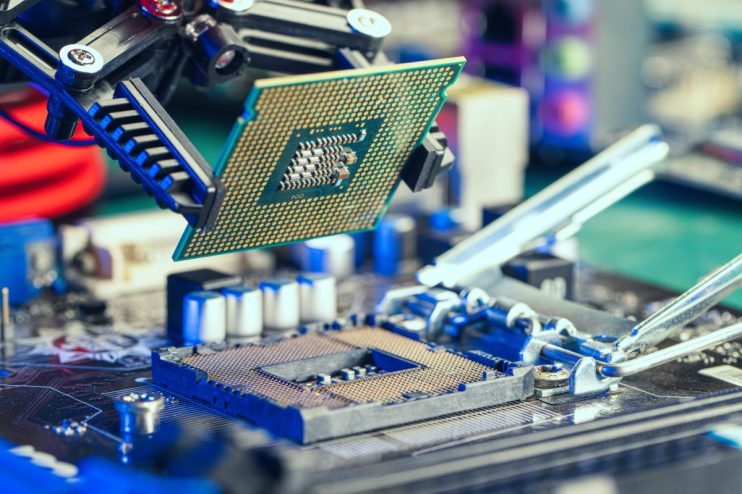 Advanced semiconductor chip with intricate circuit patterns and microcomponents, highlighting cutting-edge technology.