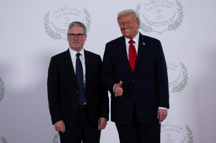 Donald Trump and Keir Starmer in a joint press conference discussing international relations and trade policies