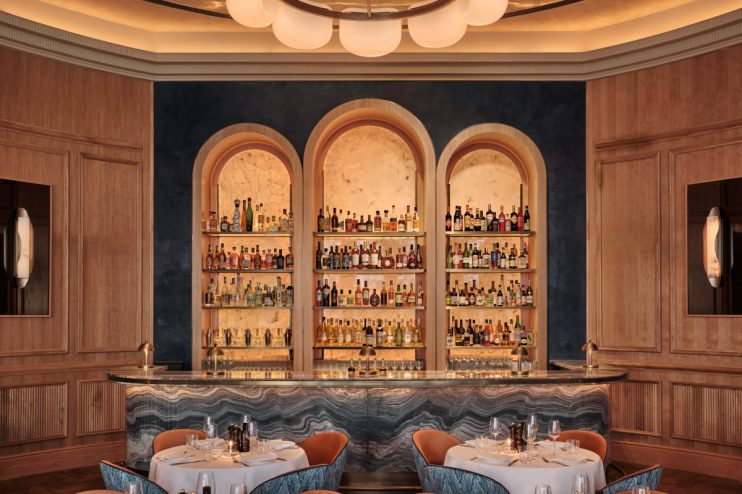 Italian restaurant Sale e Pepe Mare interior showcasing elegant dining setup with coastal-themed decor and ambient lighting.