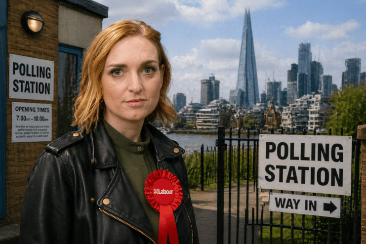 AI representation of Alys Denby casting a vote for the Labour party, emphasizing political engagement and decision-making.