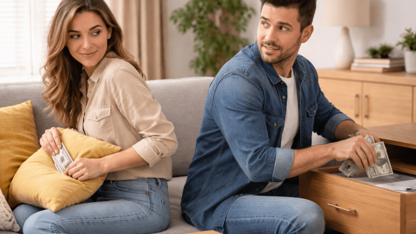 A couple discreetly tucking away cash, symbolizing secretive financial strategies and AIs role in personal finance managem...