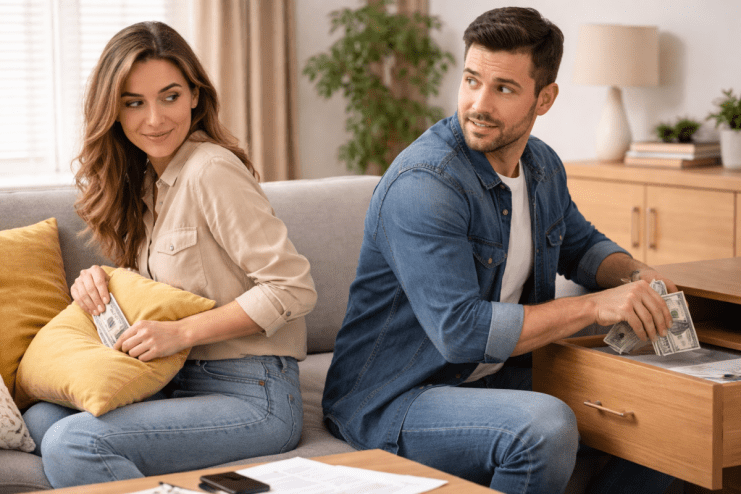 A couple discreetly tucking away cash, symbolizing secretive financial strategies and AIs role in personal finance managem...