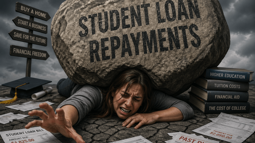 Woman using AI tools to manage student loan repayments on a laptop, highlighting financial technology and education financ...