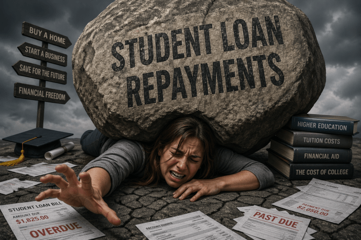 Woman using AI tools to manage student loan repayments on a laptop, highlighting financial technology and education financ...