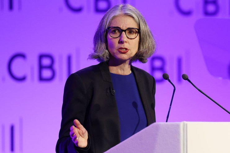 CBI Chief Rain Newton-Smith advocating for North Sea oil and gas licences at a press conference podium