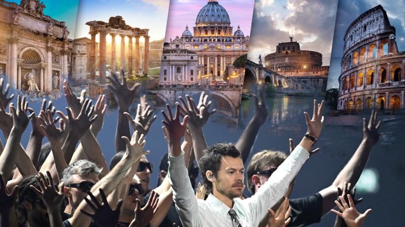 Harry Styles enjoying a sunny day in Rome, dressed stylishly, surrounded by historic architecture and vibrant city life