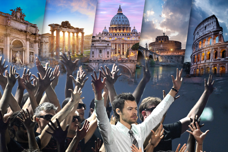 Harry Styles enjoying a sunny day in Rome, dressed stylishly, surrounded by historic architecture and vibrant city life