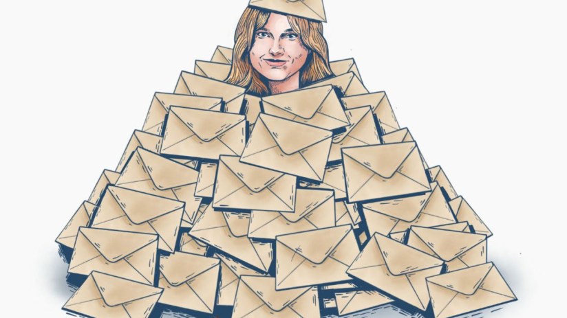 Anna overwhelmed by a flood of emails, striving for inbox zero amidst a chaotic digital workspace on a business platform