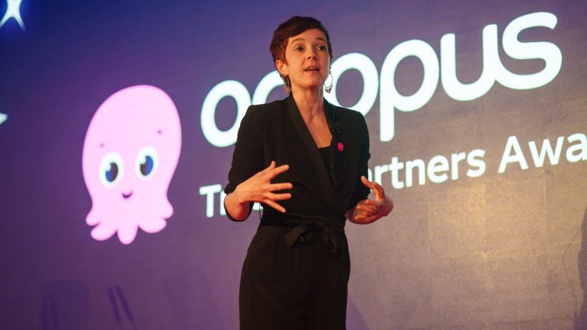 Octopus named Rebecca Dibb Simkin showcasing vibrant colors and unique textures in a marine environment