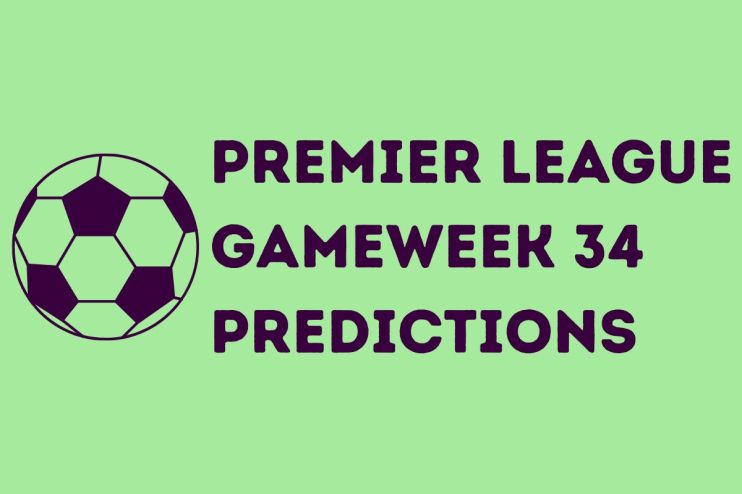 Premier League Gameweek 34 predictions featuring team logos, fixture list, and key players in action on the field