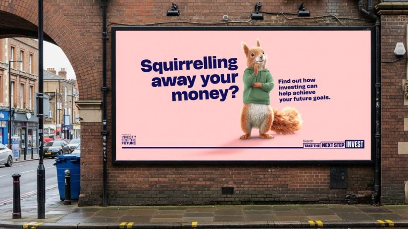 Savvy the squirrel wearing a campaign hat, surrounded by signs, highlighting its role in the latest community initiative