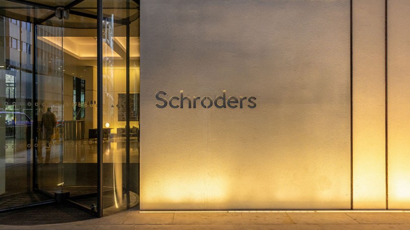 Schroders office building exterior with modern architecture and company logo prominently displayed in a business district ...