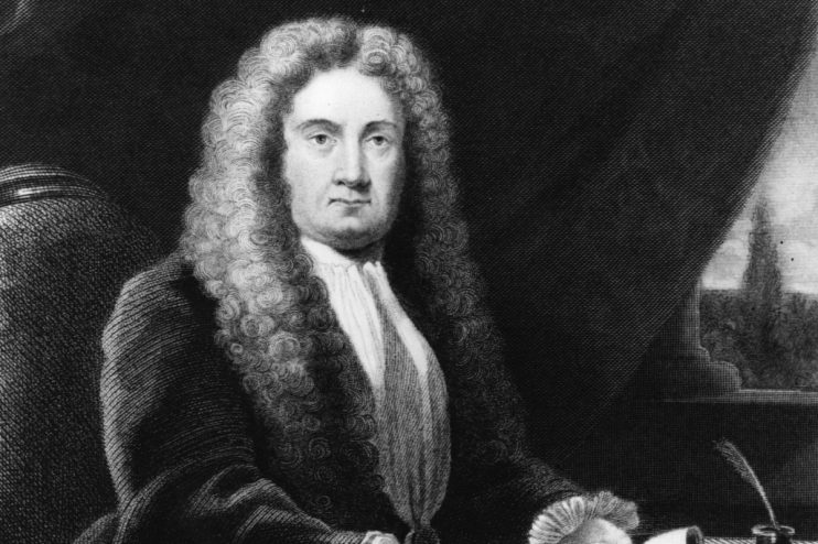 Sir Hans Sloane portrait, influential British physician and collector, depicted in 18th-century attire with a scholarly ex...