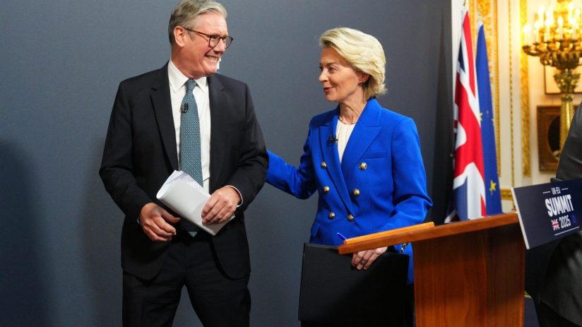 Keir Starmer and Ursula von der Leyen in discussion at a political summit meeting, emphasizing UK-EU relations.