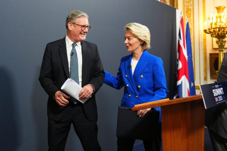 Keir Starmer and Ursula von der Leyen in discussion at a political summit meeting, emphasizing UK-EU relations.