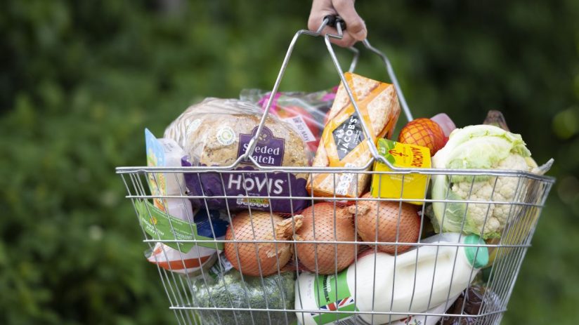 Supermarket basket filled with fresh produce, dairy products, and essentials, reflecting current shopping trends and consu...