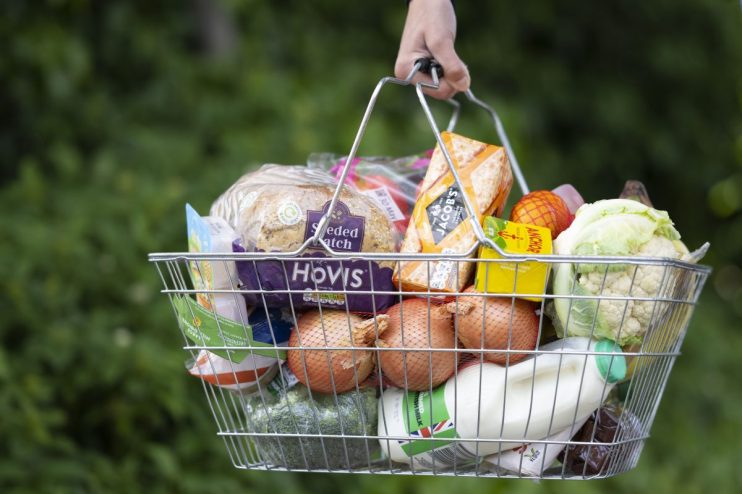 Supermarket basket filled with fresh produce, dairy products, and essentials, reflecting current shopping trends and consu...