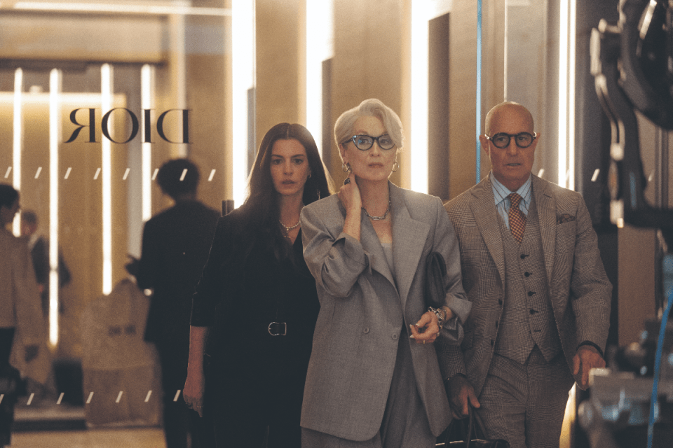 Meryl Streep and Anne Hathaway in a scene from The Devil Wears Prada 2 review, showcasing dramatic fashion industry dynamics