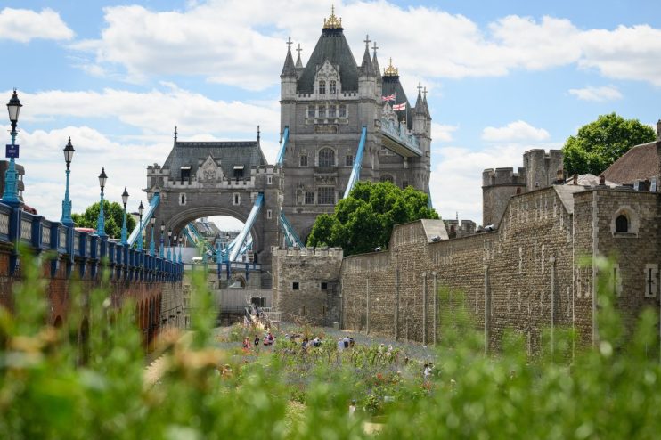 Historic Tower of London under clear blue sky, showcasing iconic medieval architecture and stone walls, attracting tourist...