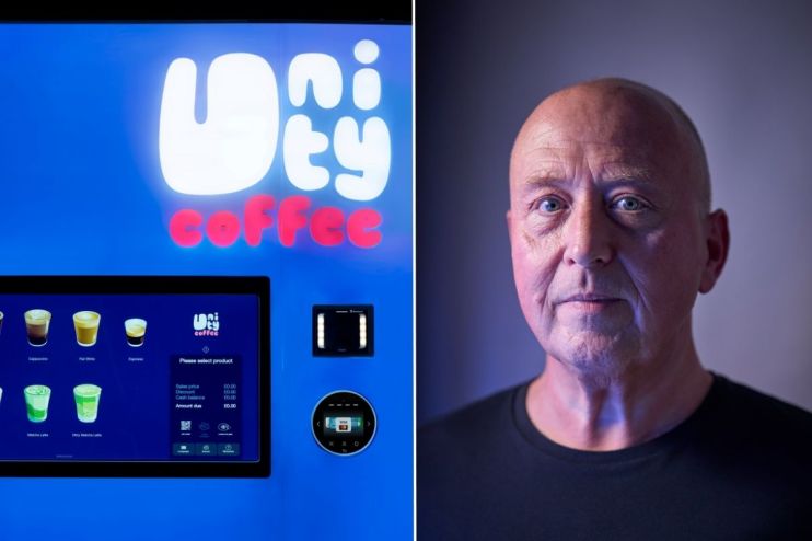 Unity Coffee team celebrating a successful product launch with diverse team members holding coffee cups in a modern caf&eacute; ...