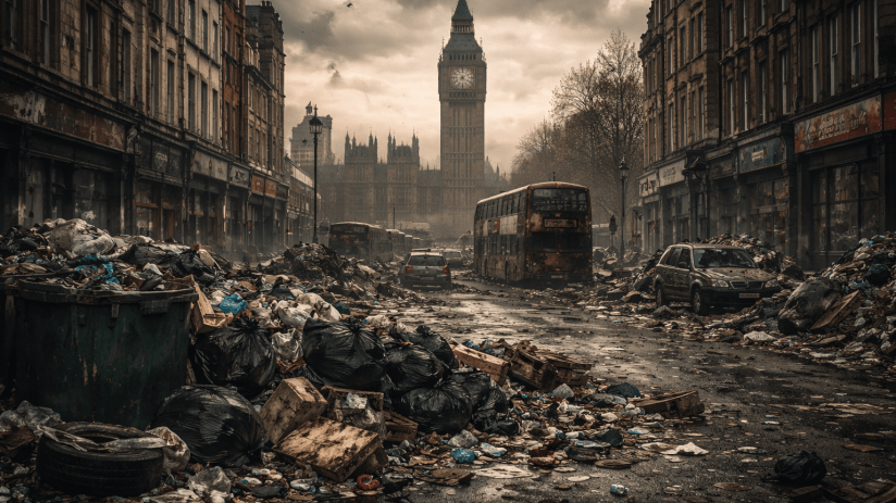 AI-generated depiction of a fragmented London cityscape, highlighting urban disarray and futuristic architectural elements