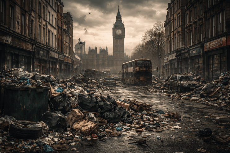 AI-generated depiction of a fragmented London cityscape, highlighting urban disarray and futuristic architectural elements