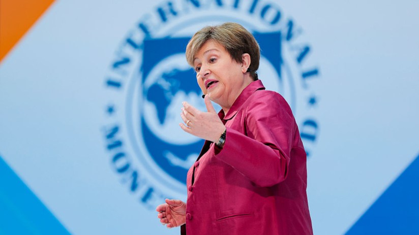 Kristalina Georgieva speaking at an IMF press conference, highlighting global economic strategies and financial policy ins...