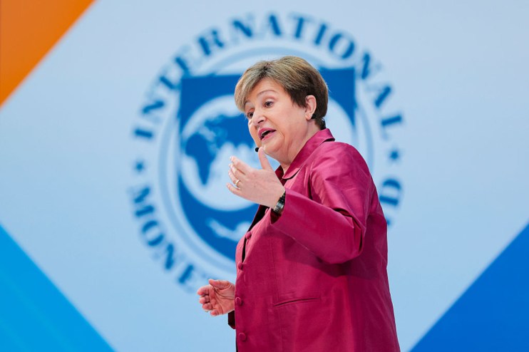 Kristalina Georgieva speaking at an IMF press conference, highlighting global economic strategies and financial policy ins...