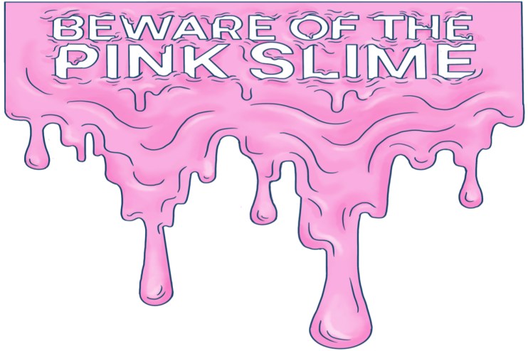 Person performing a squat exercise in a fitness studio surrounded by pink slime decorations.
