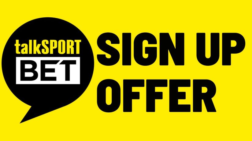 talkSPORT BET sign up offer details with promotional graphics and call-to-action button on a news/business website