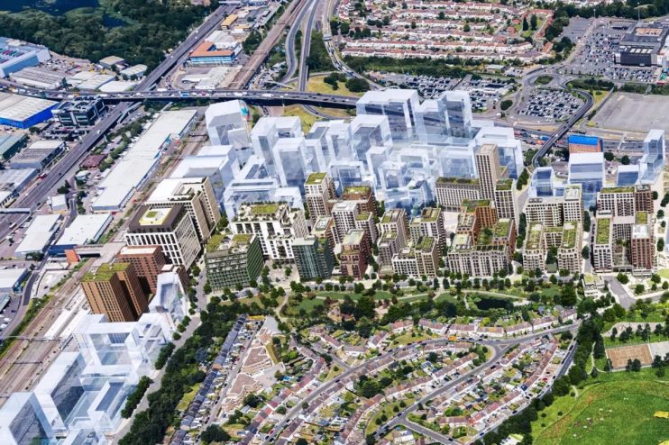 Brent Cross Town aerial view showcasing urban development and green spaces from the official website