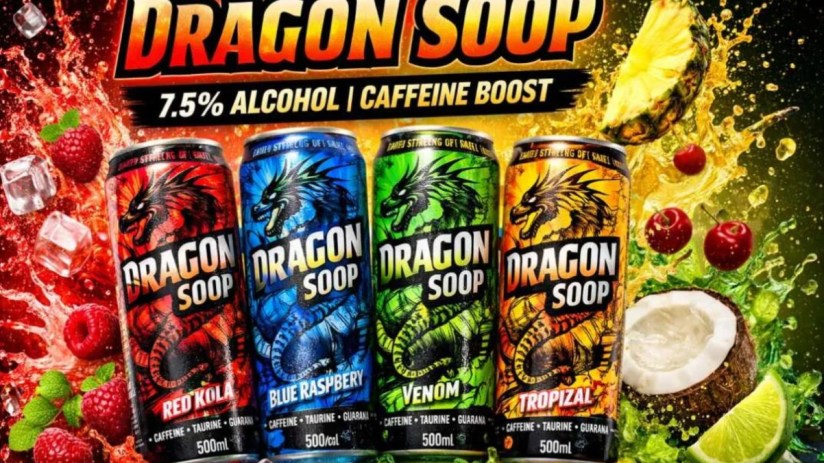 Dragon Soop beverage can on display, showcasing vibrant design and branding for a news feature on popular alcoholic drinks