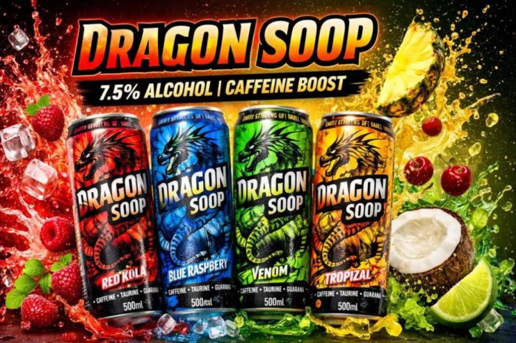 Dragon Soop beverage can on display, showcasing vibrant design and branding for a news feature on popular alcoholic drinks