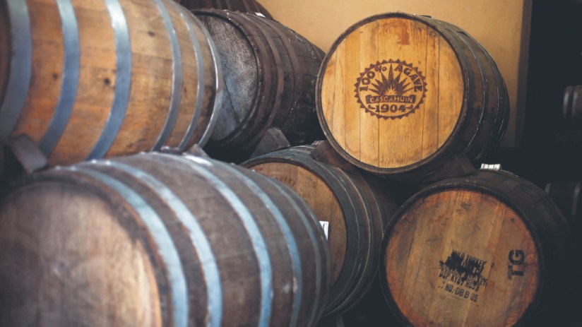 Tequila aging in wooden barrels at a distillery, highlighting the artisanal production process in the spirits industry.
