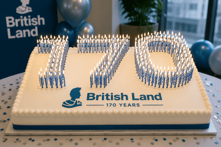 AI-themed birthday cake celebrating British land, featuring intricate design and technology motifs, on a news business pla...