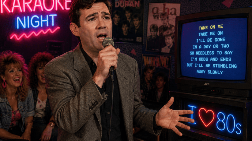 AI-powered retro 80s karaoke with Burnham performing under colorful lights at a lively event.