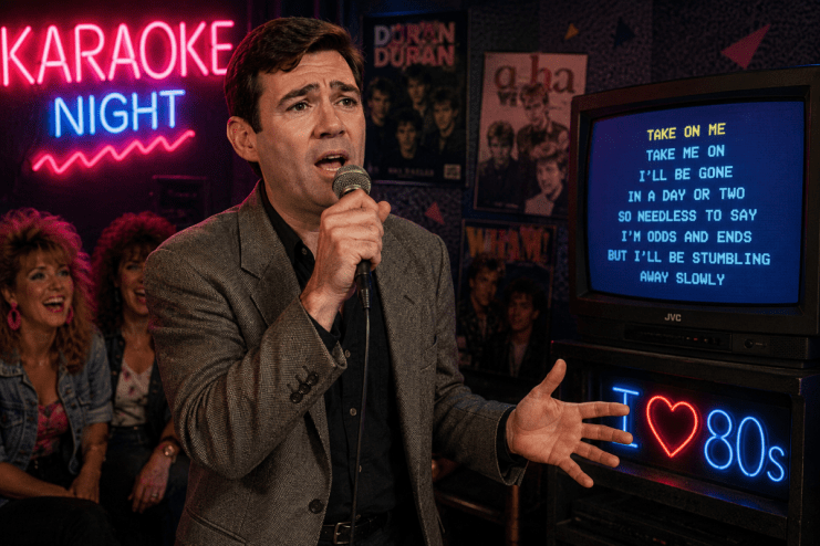 AI-powered retro 80s karaoke with Burnham performing under colorful lights at a lively event.