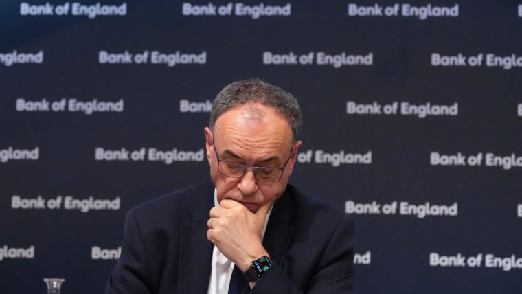 Andrew Bailey, Bank of England governor, discusses economic policy during a press conference at the central bank headquart...