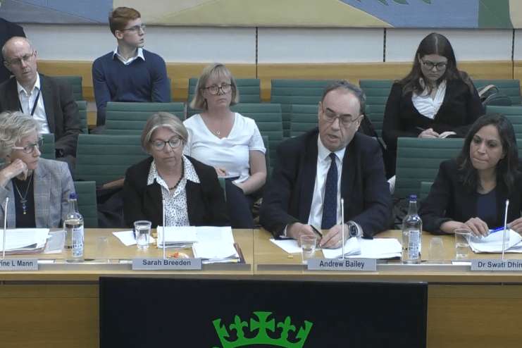 Bank of England officials addressing the Treasury Committee during a meeting, discussing economic policies and financial o...