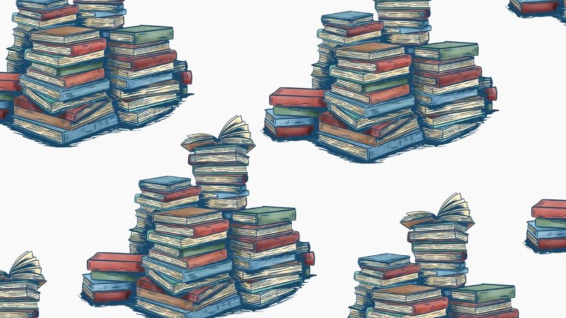 People attending a lively book lecture in a pub, featuring stacks of books, engaged audience, and a speaker at a podium.