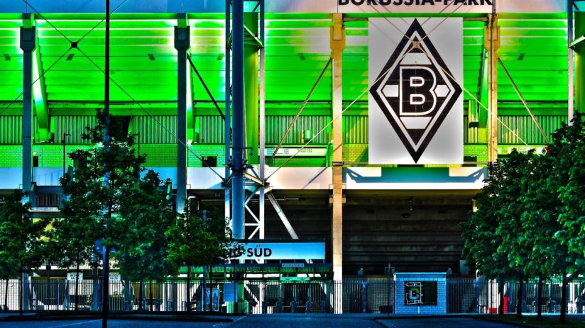 Borussia Park stadium exterior under cloudy sky, home to Bundesligas Borussia M&ouml;nchengladbach, showcasing modern architec...