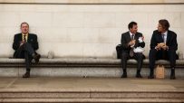 Businessman eating lunch outdoors in Canada financial district