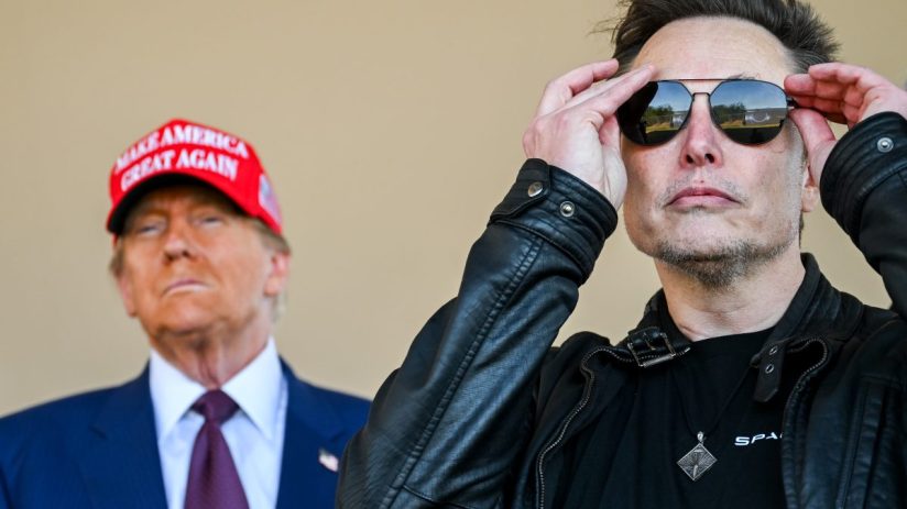 Elon Musk discussing SpaceX innovations with former President Trump against a backdrop of rocket launch imagery
