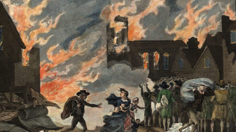 Historic illustration of the Great Fire of London, depicting flames consuming buildings with smoke billowing into the sky