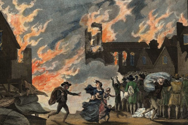 Historic illustration of the Great Fire of London, depicting flames consuming buildings with smoke billowing into the sky