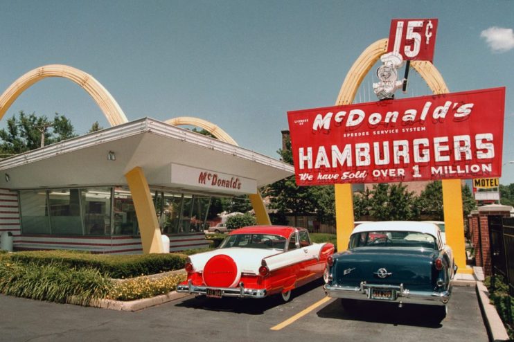 Historic McDonalds first franchise location showcasing vintage signage and classic architecture