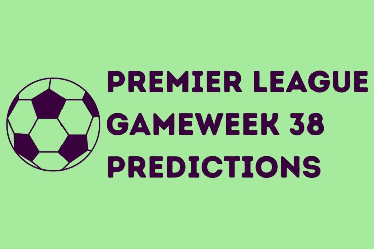 Premier League Gameweek 38 predictions featuring team logos and match fixtures for the season finale