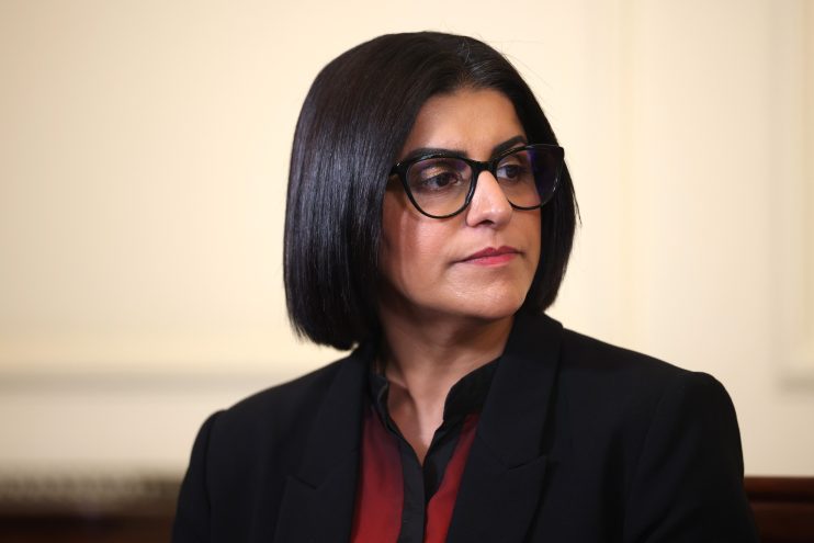 Shabana Mahmood discussing net migration trends, highlighting recent decrease in figures at a press conference.