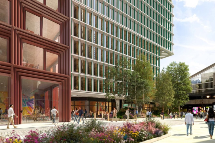 Busy Silk Street in Londons financial district bustling with business professionals and iconic city architecture